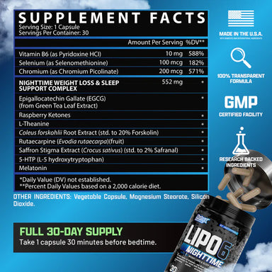 Nutrex Lipo 6 Nighttime 30 Capsulas informacion nutricional