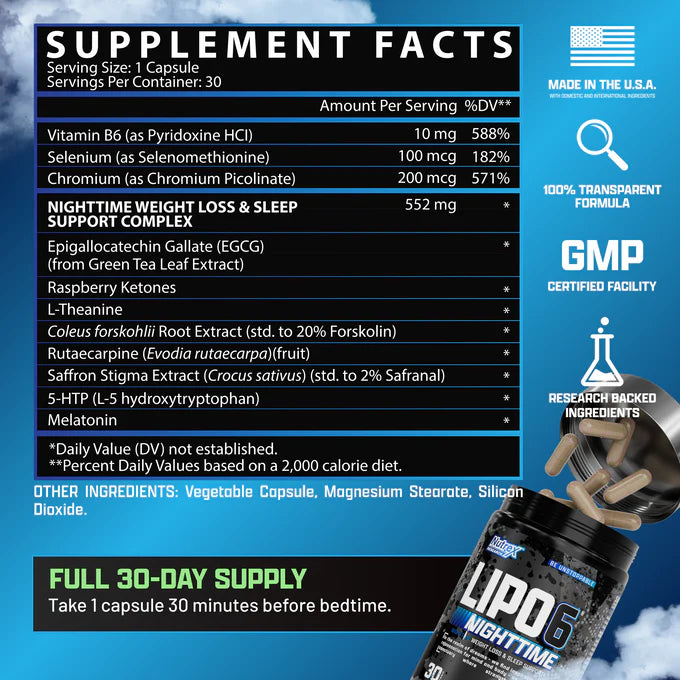 Nutrex Lipo 6 Nighttime 30 Capsulas informacion nutricional