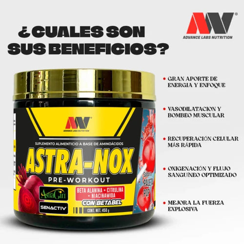 Advance Nutrition Astra-Nox 450g 30 Serv Pre Entreno Sabor a Gomitas Portada 2