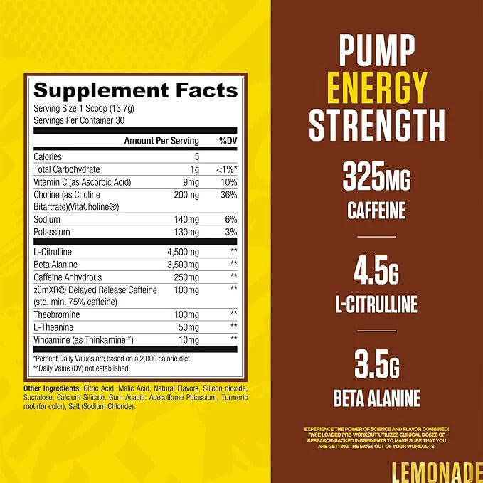 Ryse Loaded Pre Entreno Country Time 411Gr 30 Servicios informacion nutricional