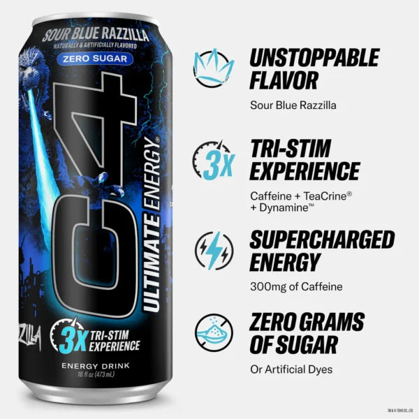 Cellucor C4 Ultimate Godzilla 16oz (12 pack) Sour Blue Razzilla Portada 2