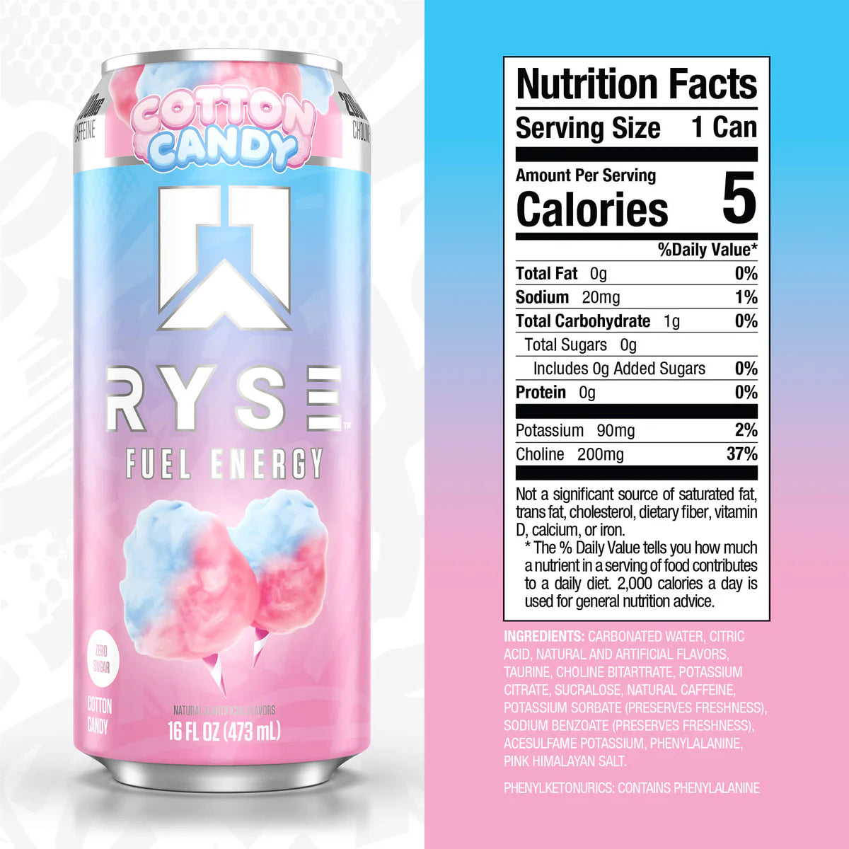 Ryse Fuel Energy Drink 12 pack Cotton candy Informacion nutricional
