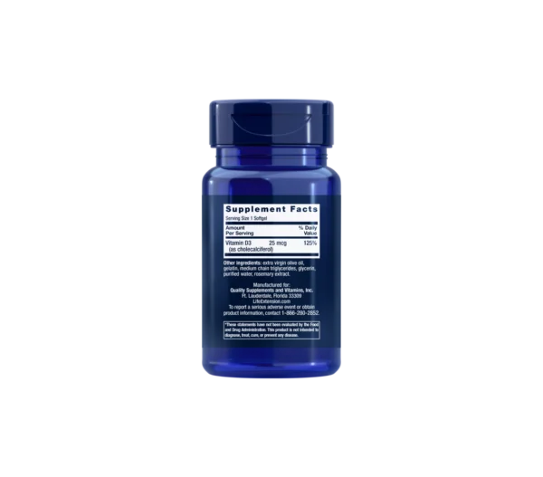 Life Extension Vitamina D3 25mcg (1000IU) 90 Softgels Informacion nutricional
