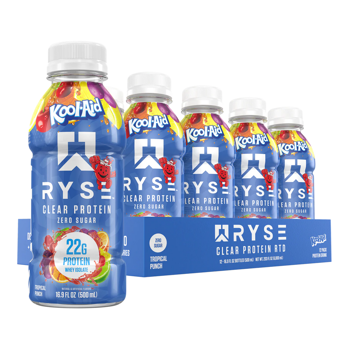 Ryse Clear Whey Proteina Drink 12 pack Kool Aid Tropical punch Portada