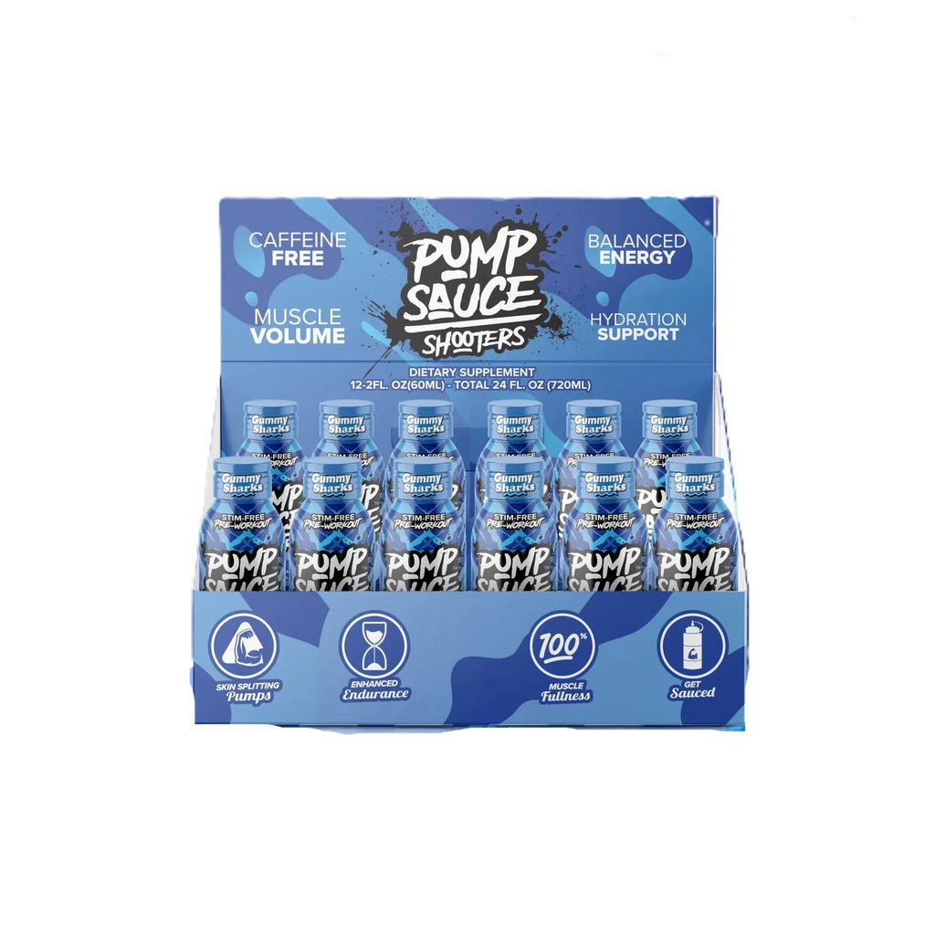 Pump Sauce Shooters Stim-Free Pre Entreno 12pack 60ml tropical gummy sharks