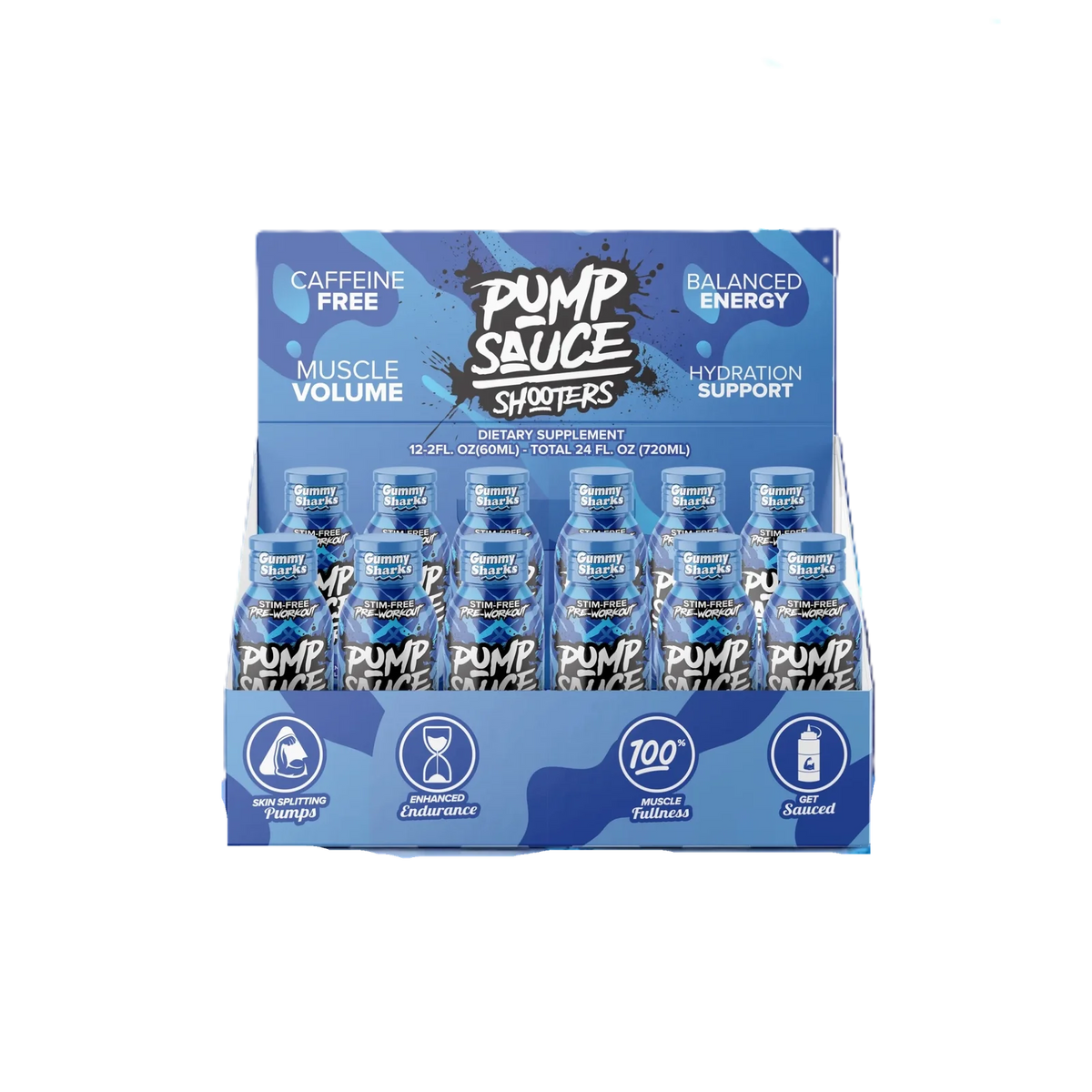 Pump Sauce Shooters Stim-Free Pre Entreno 12pack 60ml tropical gummy sharks