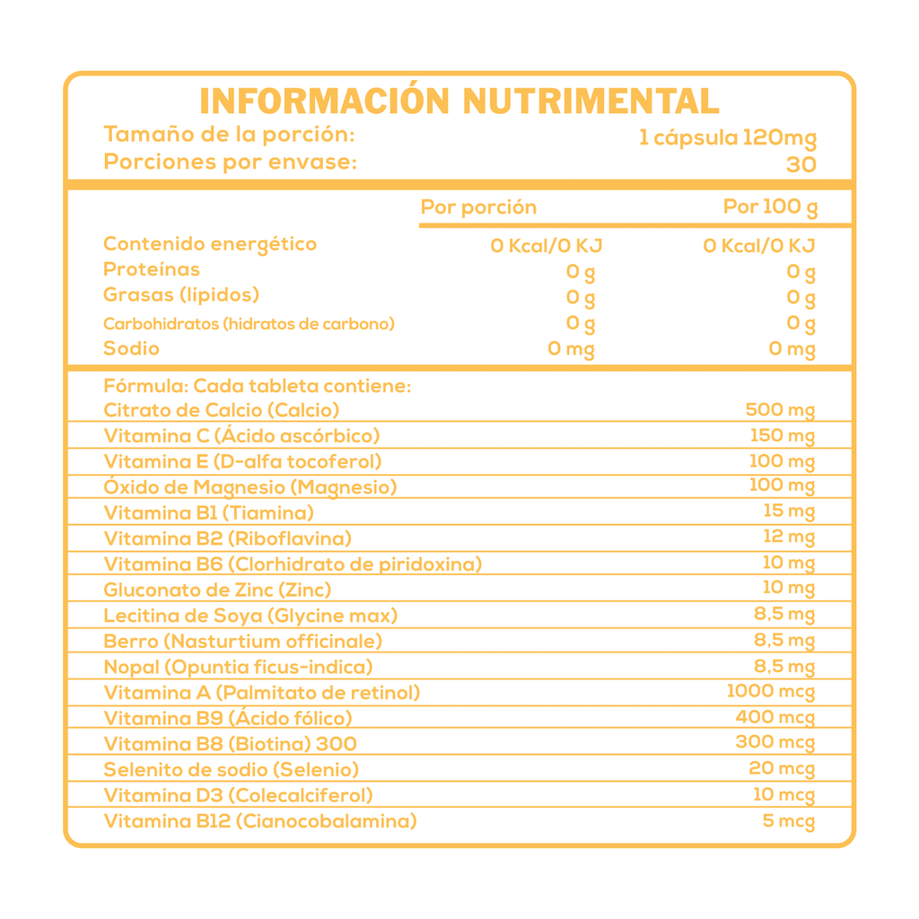CaroFit Bienestale Vitaminas y Minerales 30 Capsulas informacion nutricional