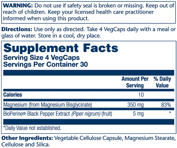 Solaray Glicinato de Magnesio 350mg, 120 Cápsulas Vegetales Informacion nutricional
