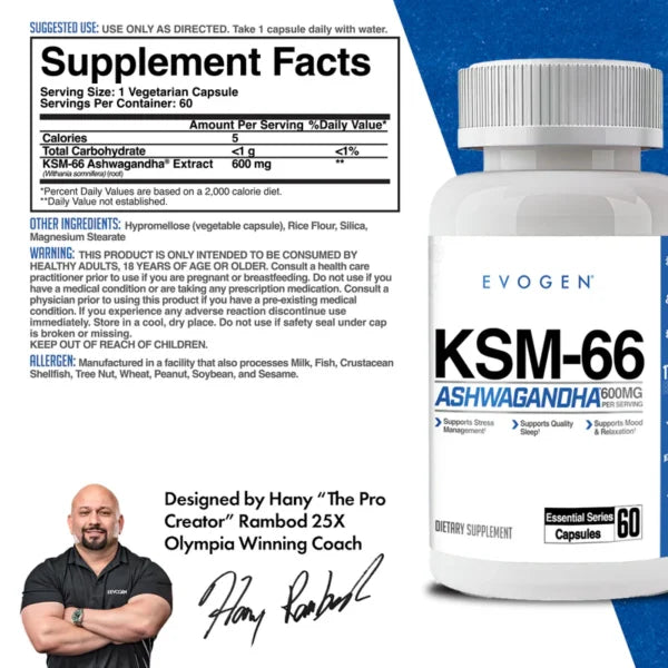 Evogen KSM-66 Ashwaganda 60 Capsulas Informacion nutricional
