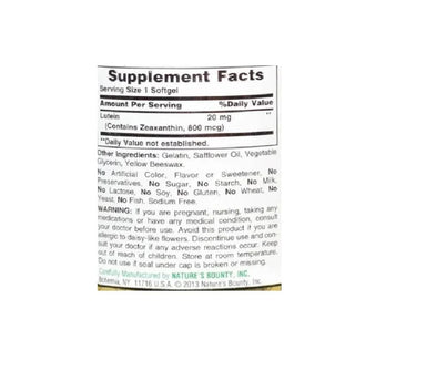 Natures Bounty Luteina 20 Mg 40 Capsulas Antioxidante Ocular informacion nutricional