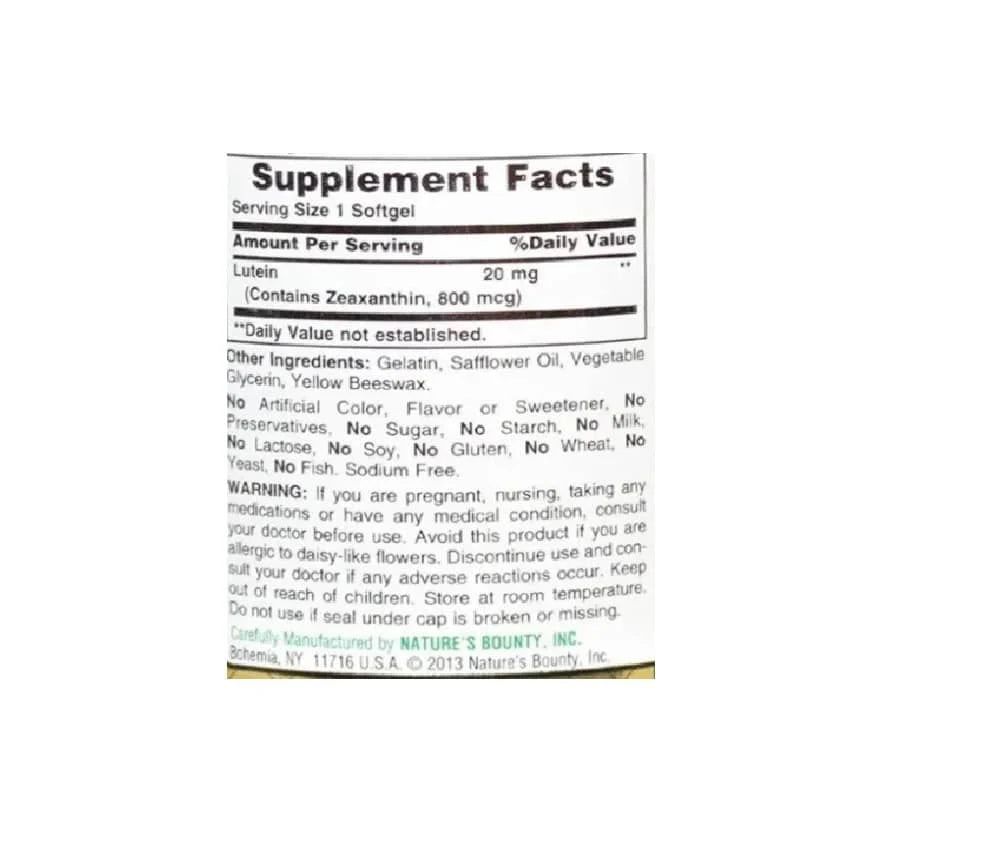 Natures Bounty Luteina 20 Mg 40 Capsulas Antioxidante Ocular informacion nutricional