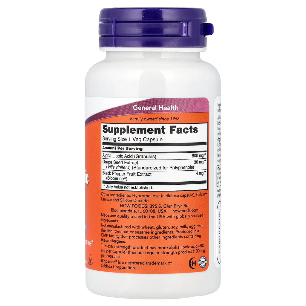Now Foods Alfa Lipoico Fuerza Extra 600Mg 60 Caps Informacion nutricional
