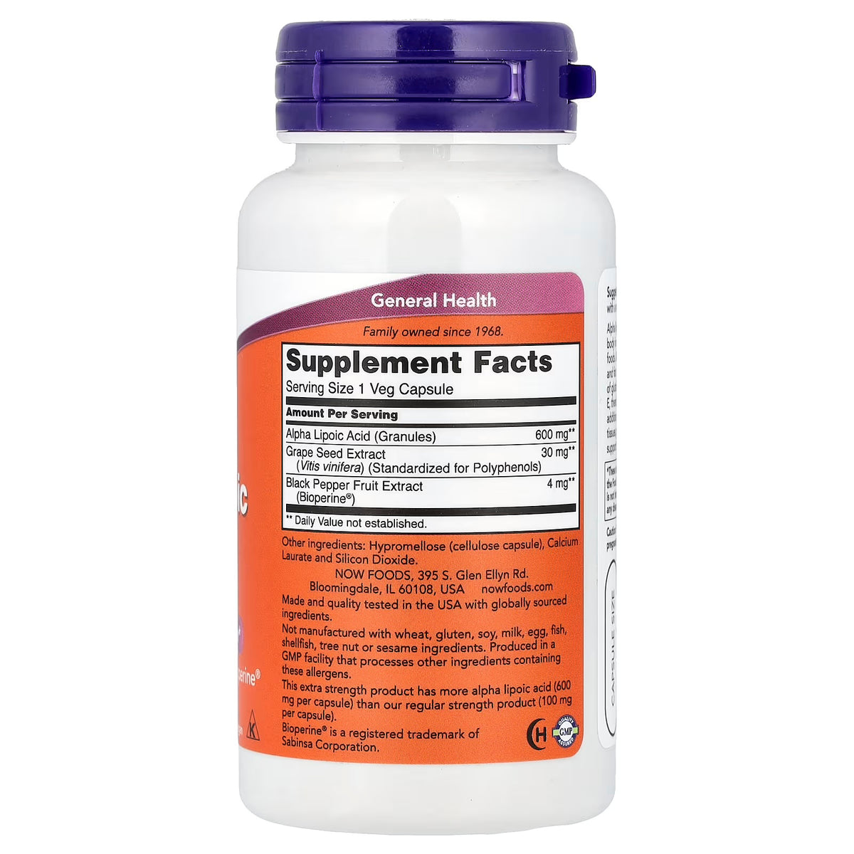 Now Foods Alfa Lipoico Fuerza Extra 600Mg 60 Caps Informacion nutricional