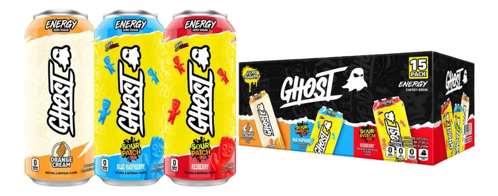 Ghost Energy Drink 15 pack (Sour Patch Redberry, Sour Patch Blue Raspberry , Orange Cream)