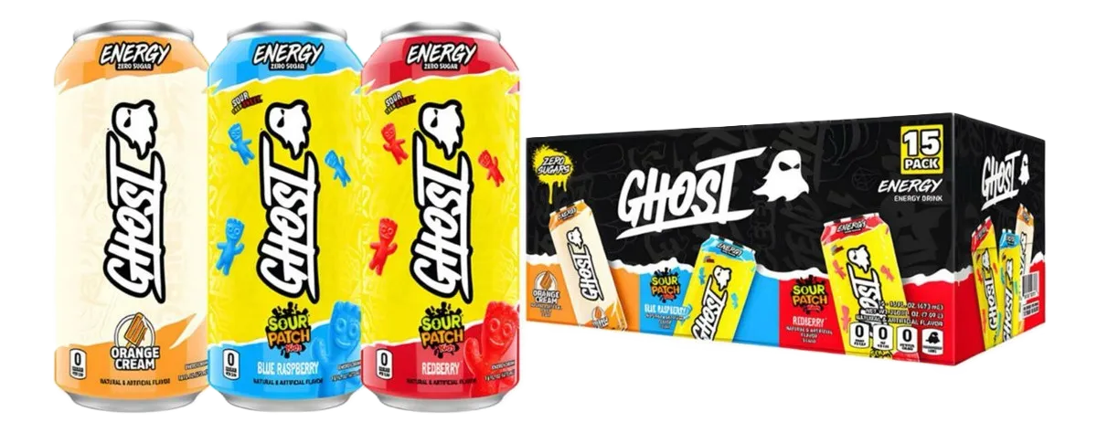 Ghost Energy Drink 15 pack (Sour Patch Redberry, Sour Patch Blue Raspberry , Orange Cream)
